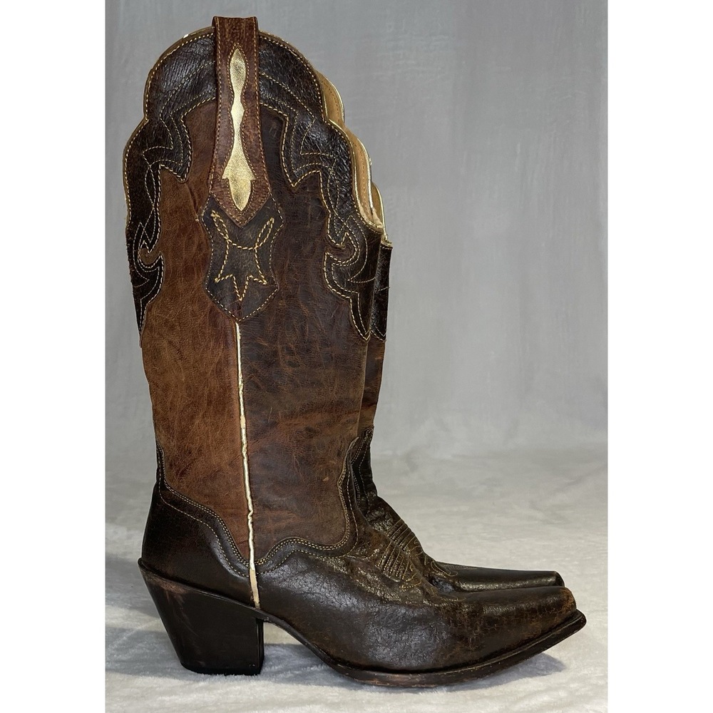 J.B Dillon Women's Boots 9.5 Brown & Gold Goat Leather Snip Toe Western Cowgirl